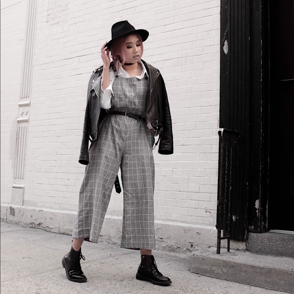 Plaid check grid overalls